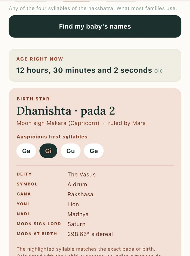 The birth-star screen: the nakshatra, the syllables a name may begin with, and the classical attributes.
