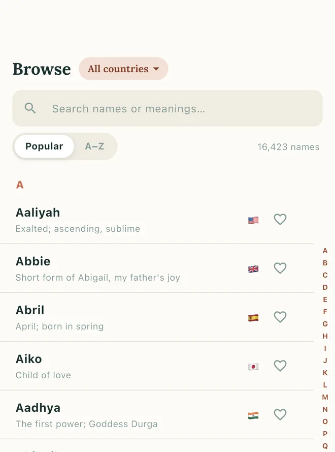 The Browse screen, showing names with their meanings and origins.