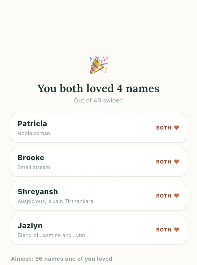 The reveal screen, listing the names both parents liked.